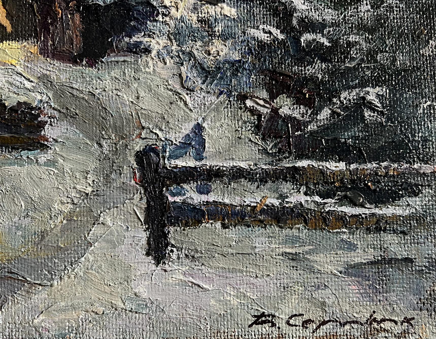 Oil painting Winter courtyard by Boris Serdyuk snowy landscape with fence posts
