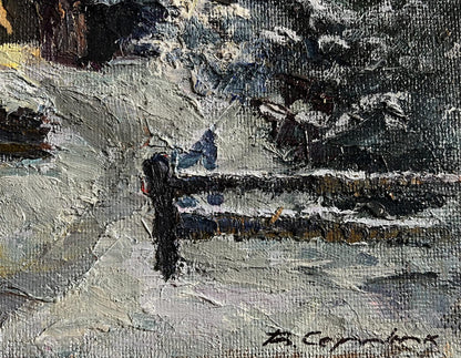 Oil painting Winter courtyard by Boris Serdyuk snowy landscape with fence posts