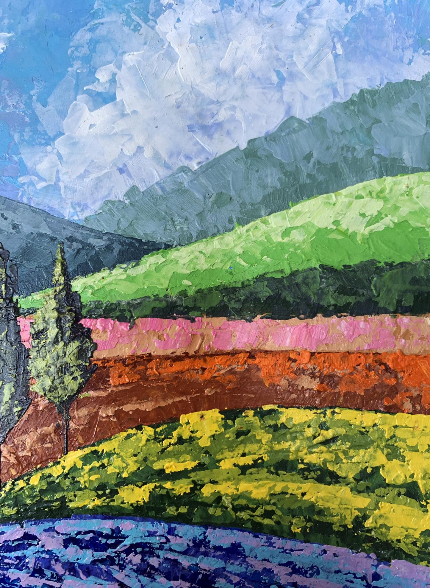 Oil painting Mountain Glade V by Zadorozhnya: vibrant green hills, colorful fields