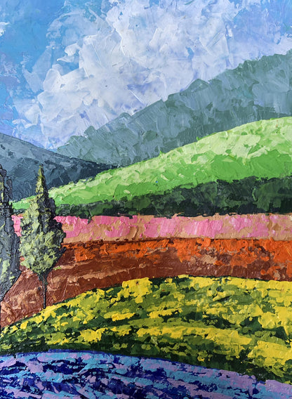 Oil painting Mountain Glade V by Zadorozhnya: vibrant green hills, colorful fields