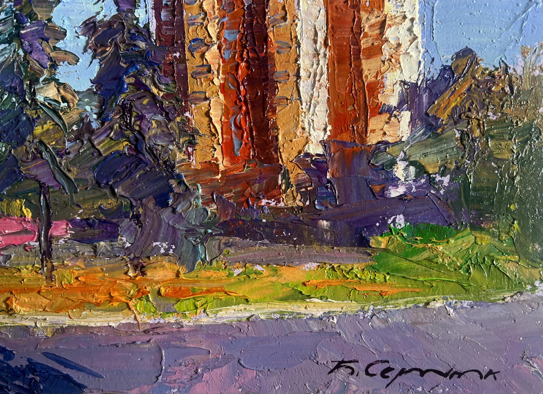 Impasto oil painting Summer city park by Boris Serdyuk orange buildings purple trees