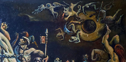 Oil painting Eclipse by Daniil Litvinov: golden sun with black eye amid demonic figures