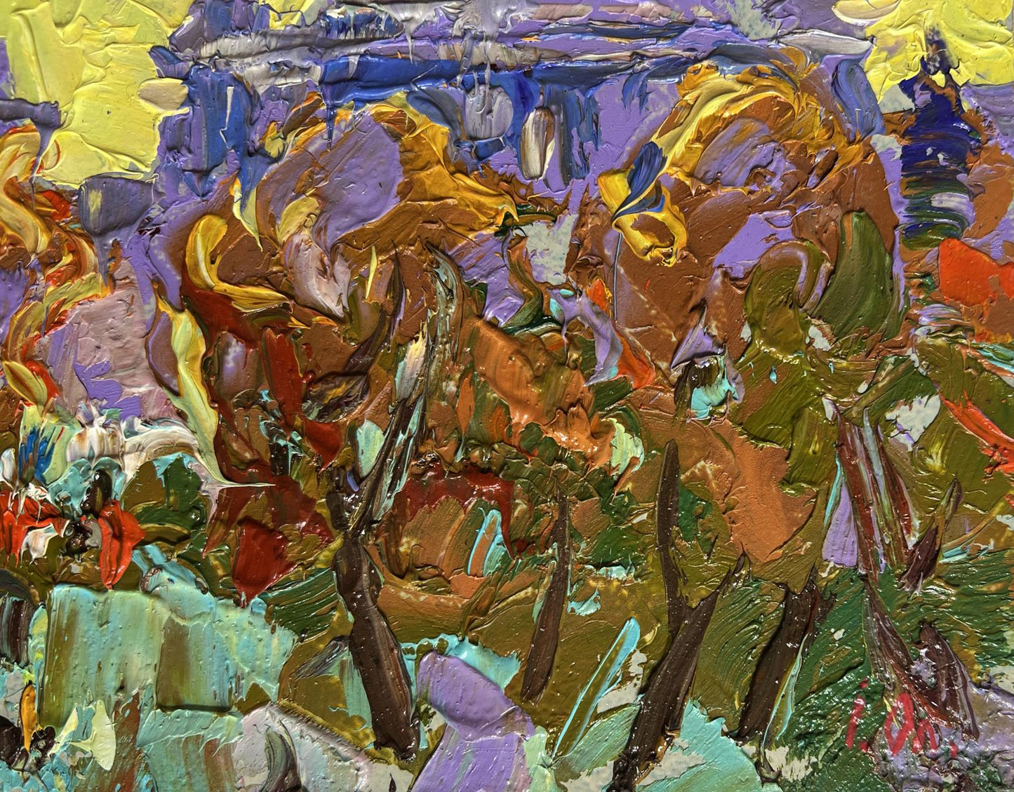 Vibrant Oleksiy Ivanyuk oil painting of city yellow sunset with impasto strokes
