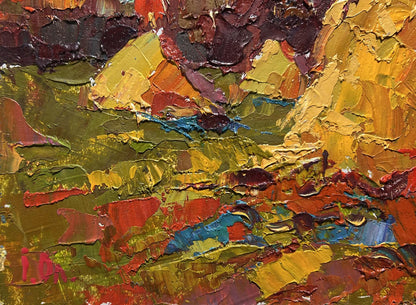 Vibrant impressionist oil painting of autumn fields and haystacks by Oleksiy Ivanyuk