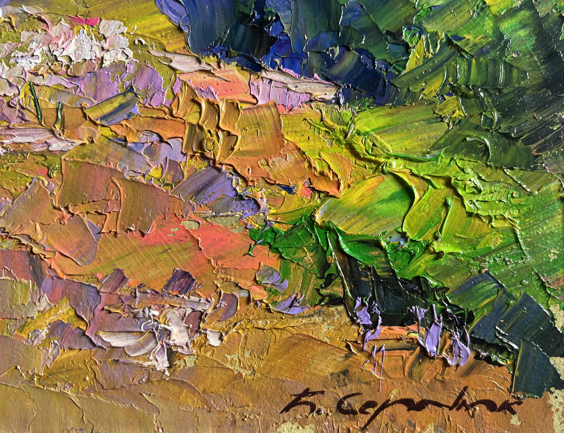 Vibrant impressionist oil painting of summer flower meadow by Boris Serdyuk