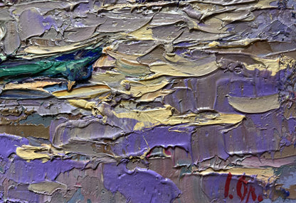 Oil painting The river rose in the village by Oleksiy Ivanyuk with purple gold teal impasto