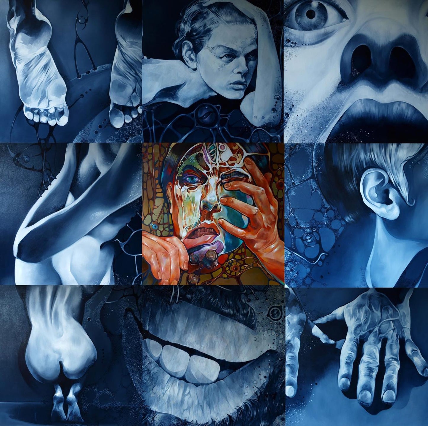 Vibrant mosaic portrait of face with hands over eyes, Alone oil painting by Konsta G. Amelinn