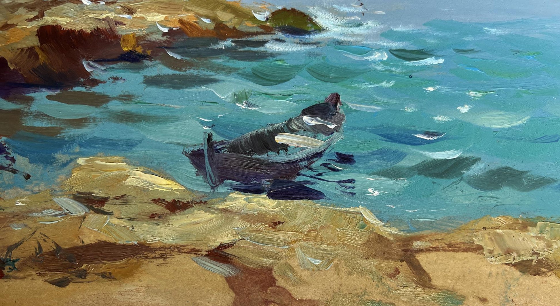 Oil painting of weathered rowboat in turquoise sea at sunset by Yuriy Suprunchuk