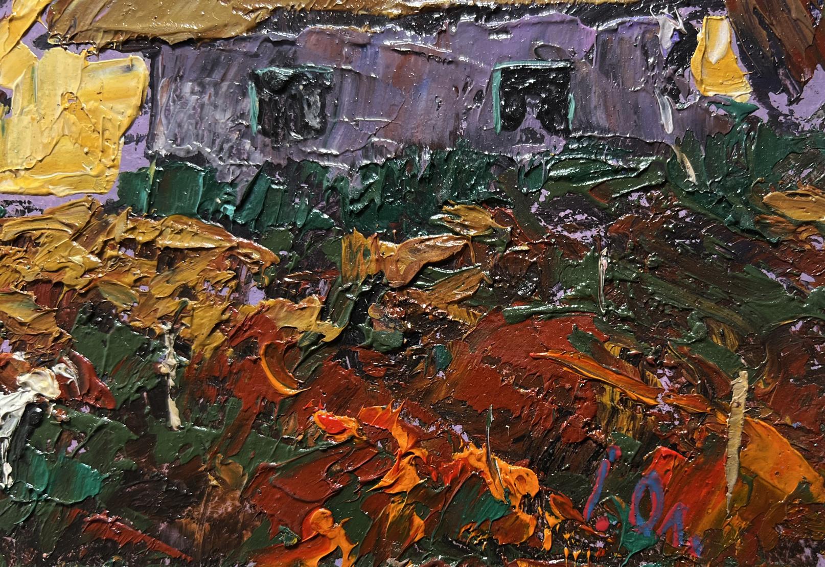 Vibrant impressionist oil painting of yellow sunset behind houses by Oleksiy Ivanyuk