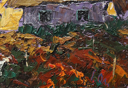 Vibrant impressionist oil painting of yellow sunset behind houses by Oleksiy Ivanyuk