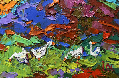 Oil painting Geese on the Hill by Oleksiy Ivanyuk vibrant geese in field
