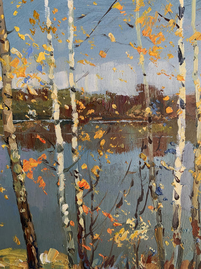 Oil painting View through the birches by Yuriy Suprunchuk: autumnal trees by lake