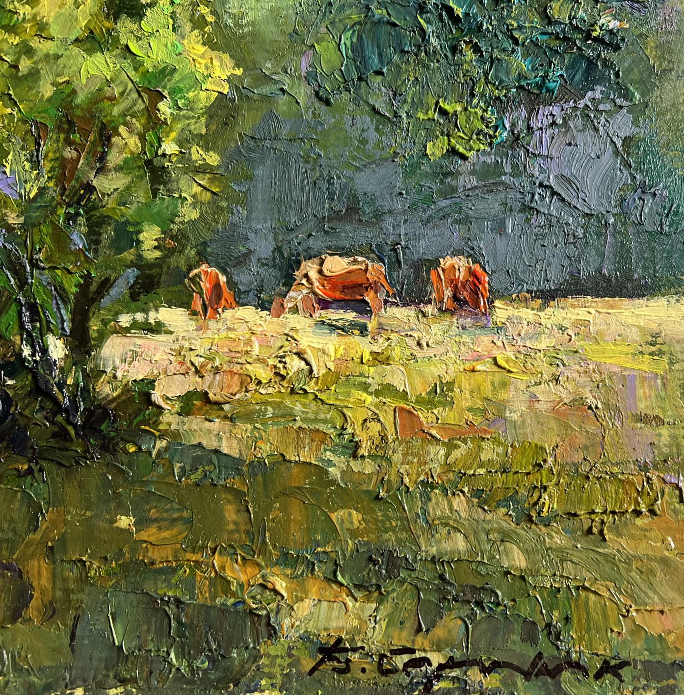 Vibrant impressionistic oil painting by Boris Serdyuk of orange crabs on green landscape