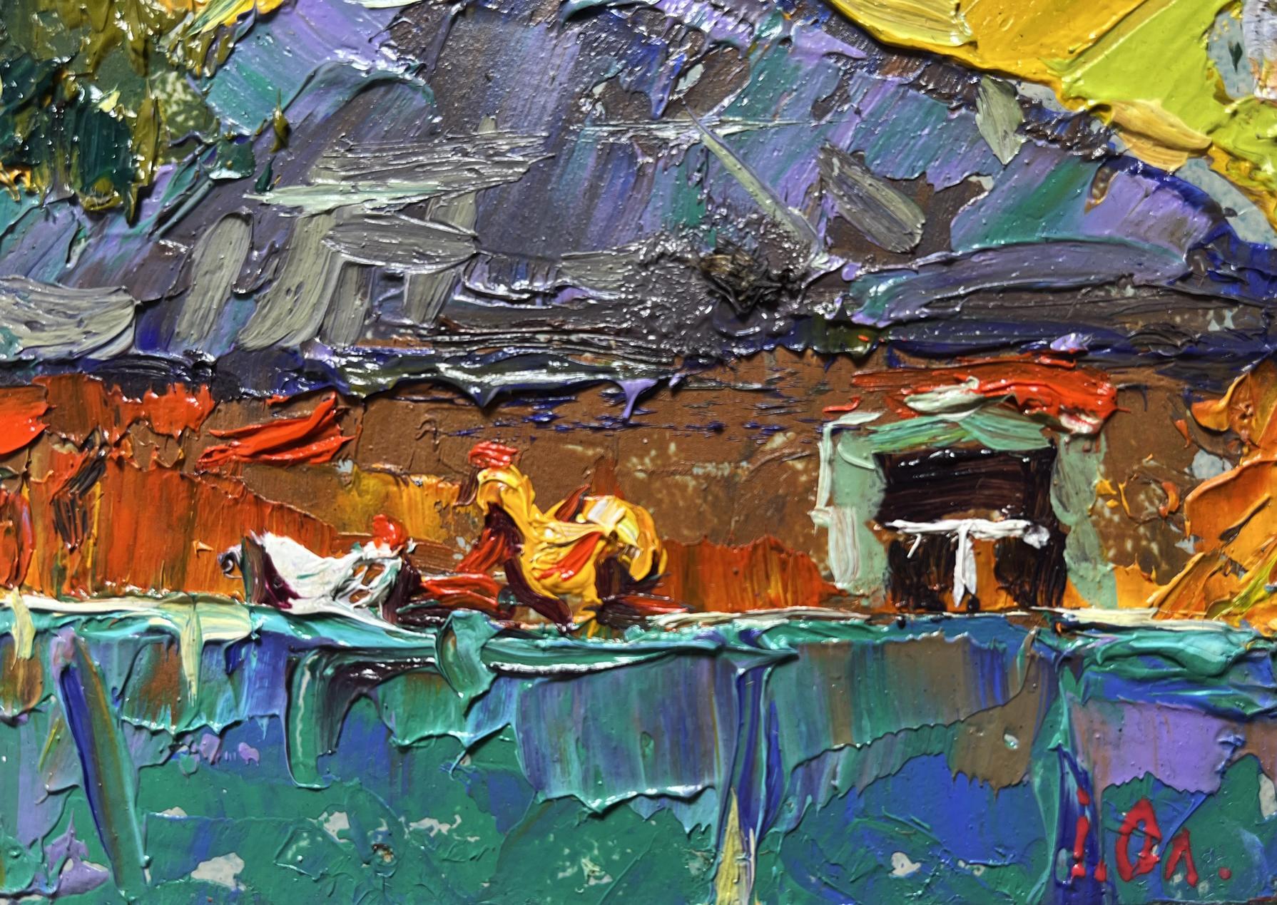 Oil painting Warm evening with yellow sunset rooster by Oleksiy Ivanyuk