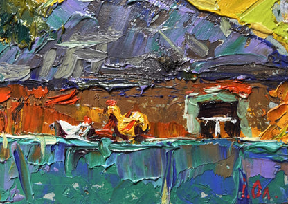 Oil painting Warm evening with yellow sunset rooster by Oleksiy Ivanyuk