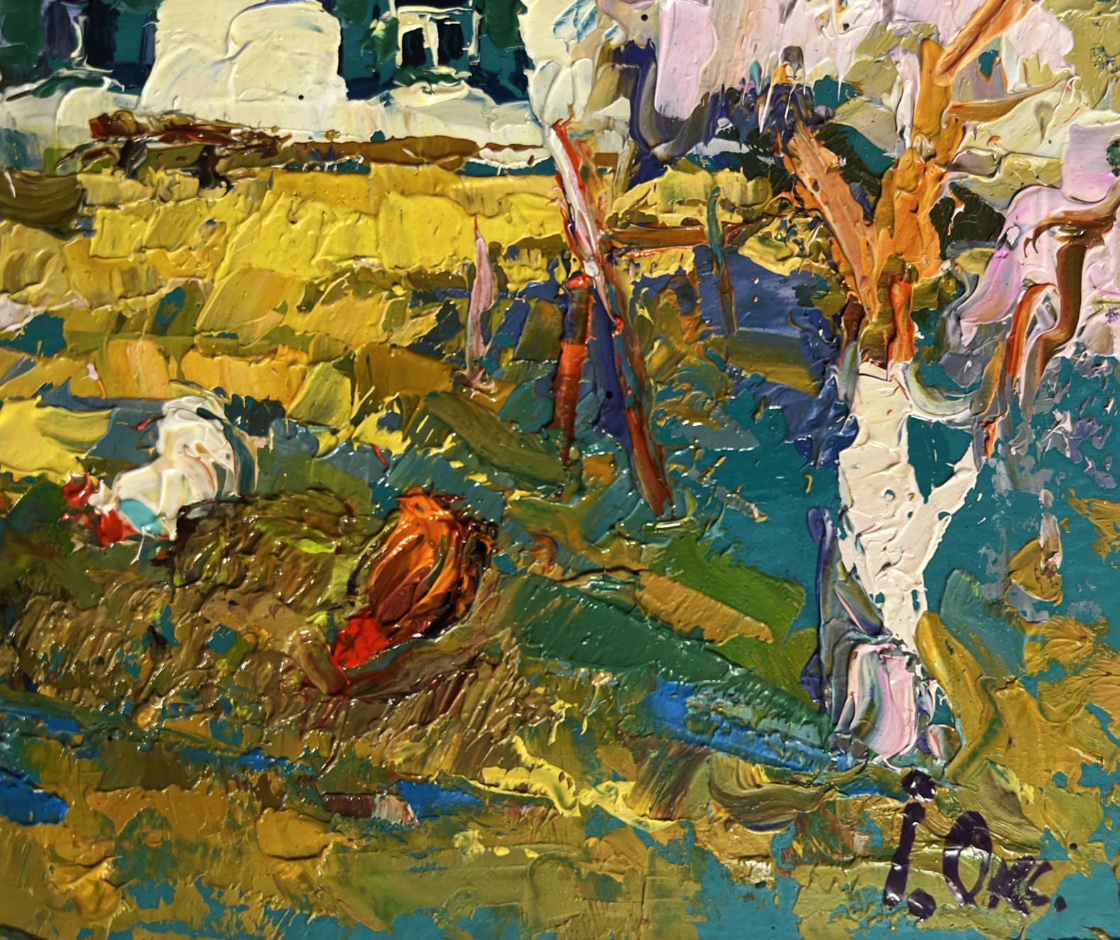 Vibrant impressionist oil painting of flowering trees in garden by Oksana Ivanyuk