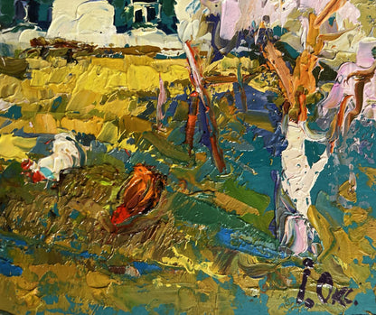 Vibrant impressionist oil painting of flowering trees in garden by Oksana Ivanyuk
