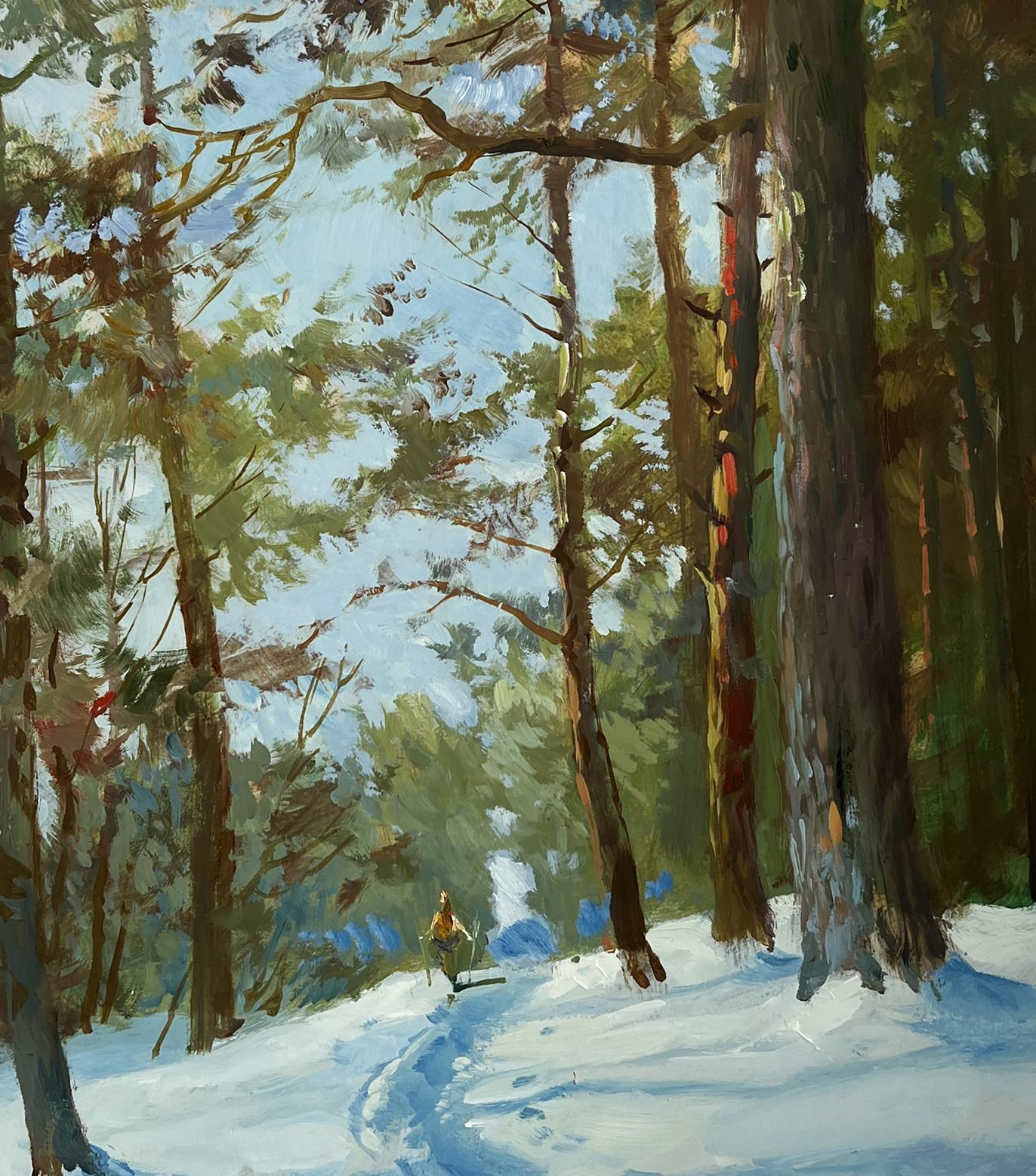 Oil painting by Yuriy Suprunchuk: solitary figure in yellow jacket on snowy forest path