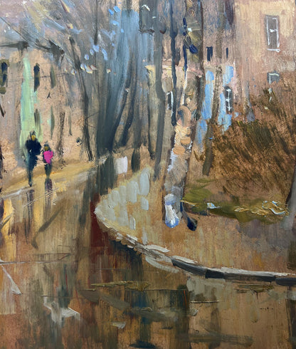 Oil painting Reflections of Autumn by Yuriy Suprunchuk, rainy urban street