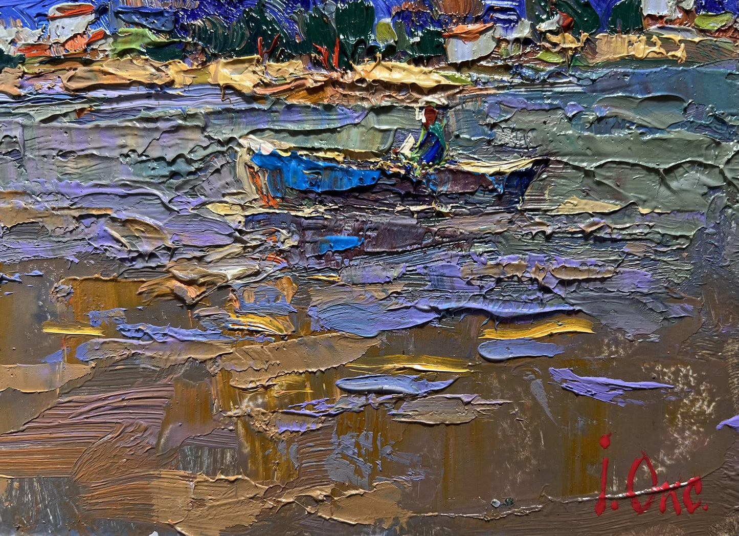Oil painting Moon over the lake by Oksana Ivanyuk, impressionistic boat scene