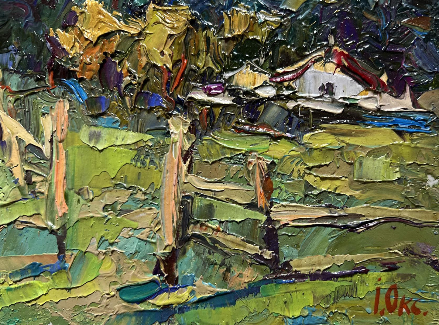 Vibrant impressionist oil painting of house near forest by Oksana Ivanyuk