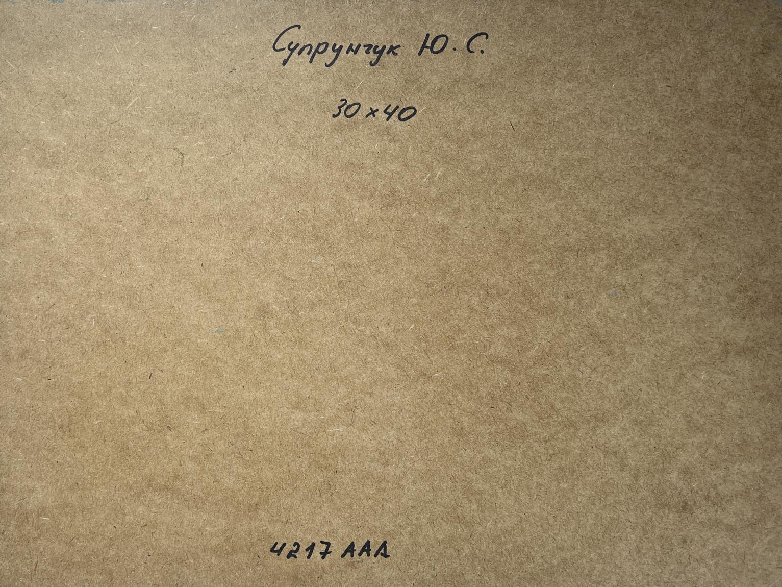 Back of Yuriy Suprunchuk oil painting Summer day in the outback with handwritten Cyrillic text and measurements on brown cardboard