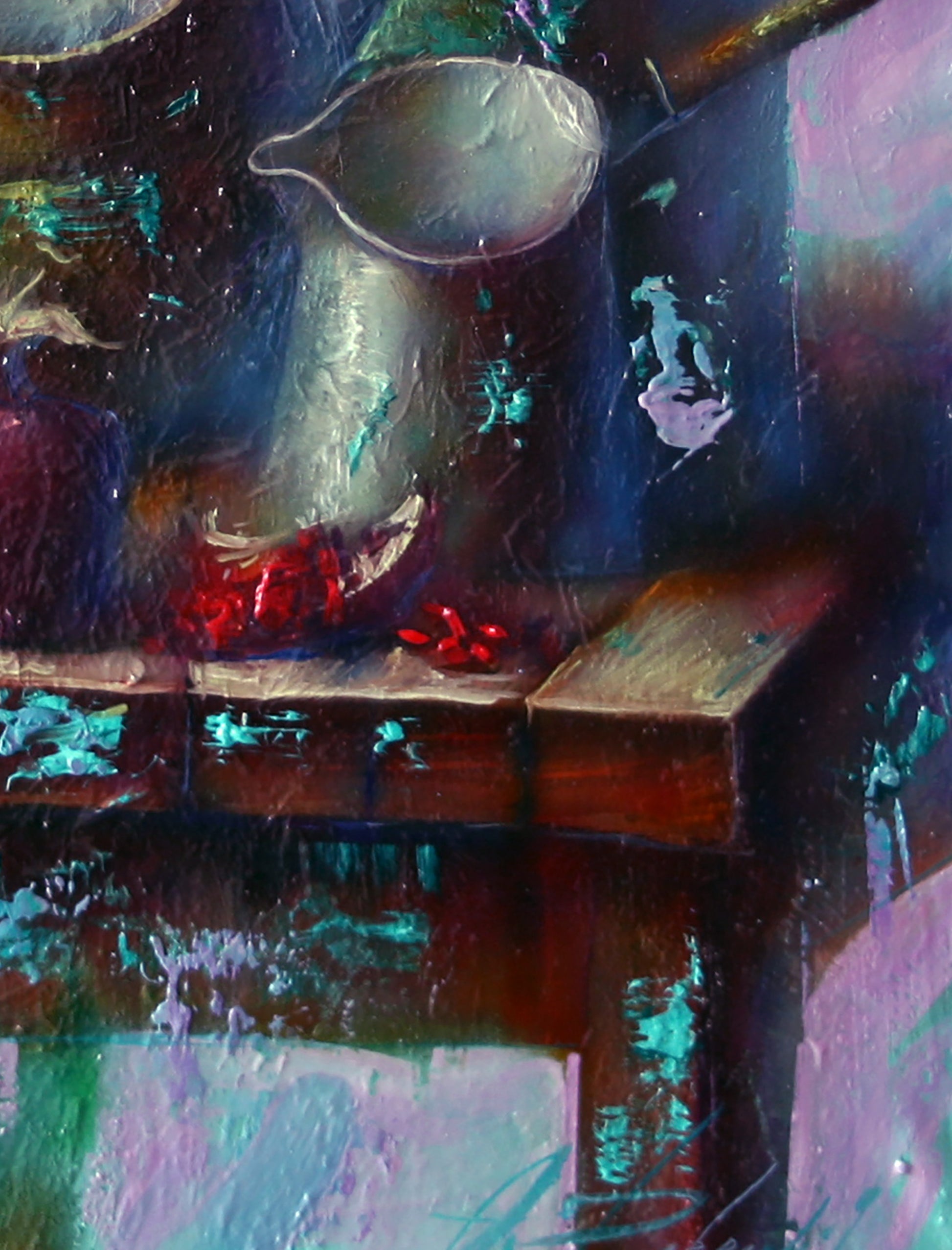 Oil painting of glossy silver pitcher in green still life by Alexander Dobrodiy