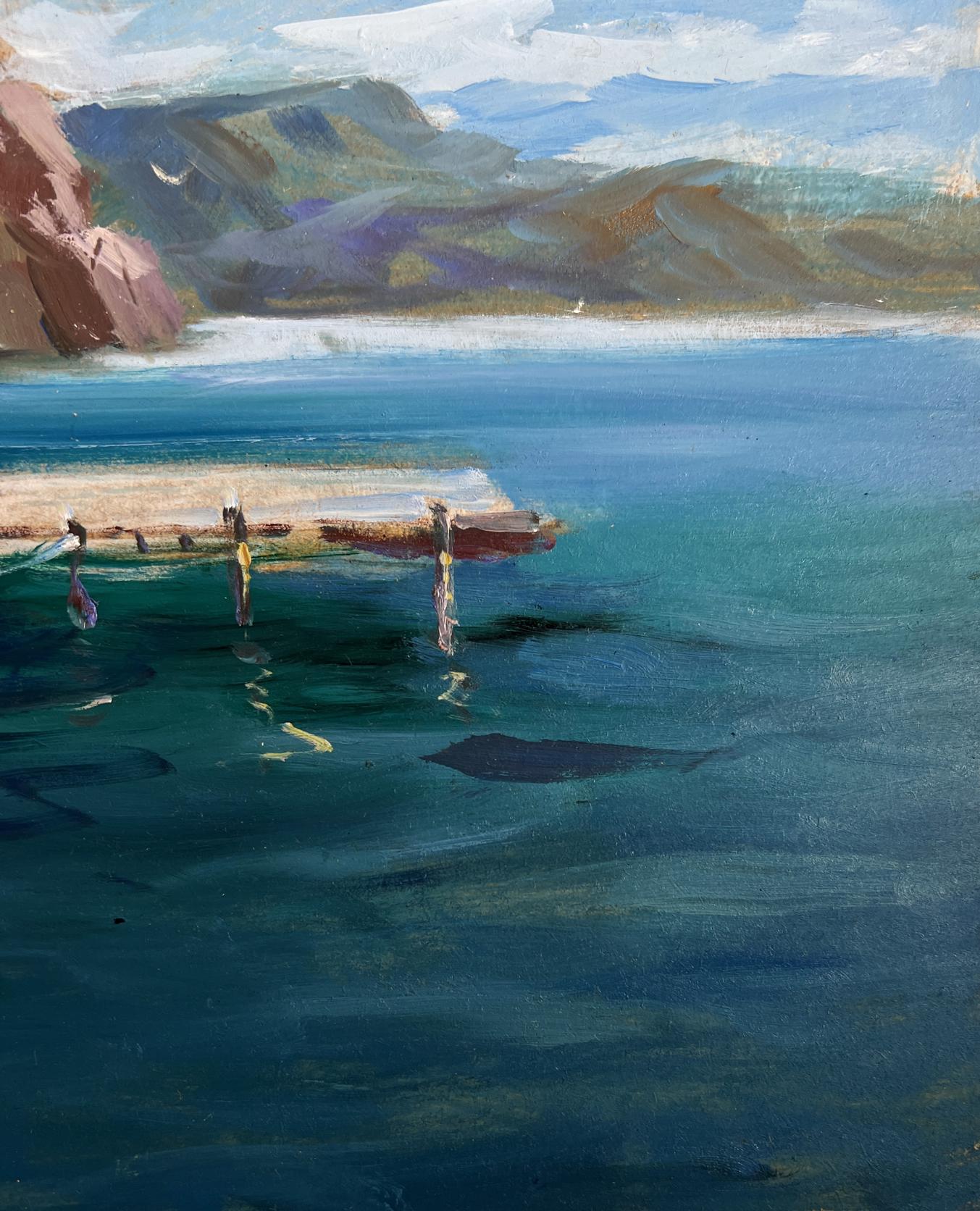 Oil painting of ships on ferry by Yuriy Suprunchuk with turquoise pier