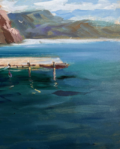Oil painting of ships on ferry by Yuriy Suprunchuk with turquoise pier
