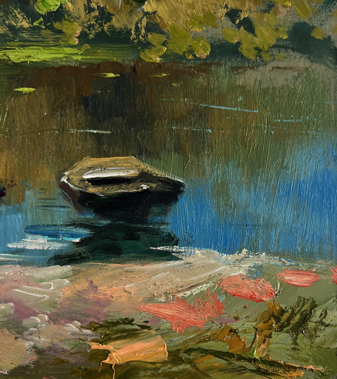 Oil painting Crossing to the other bank by Yuriy Suprunchuk: rowboat on calm water