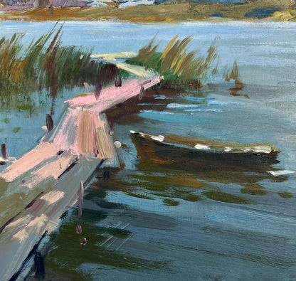 Oil painting Quiet flow of the river by Yuriy Suprunchuk: pink-gray dock, boat on calm water