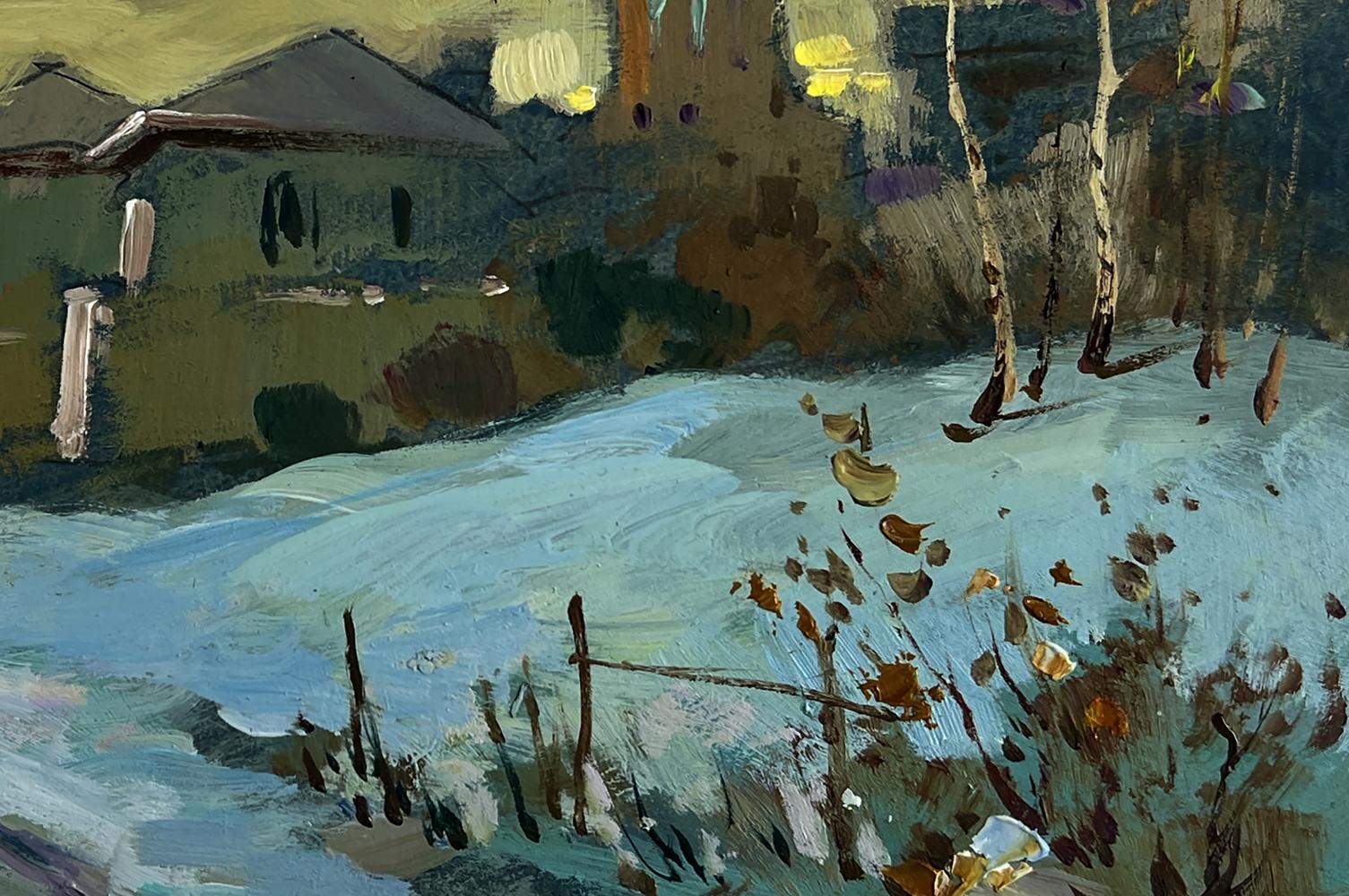 Oil painting Sunset behind the village by Yuriy Suprunchuk snowy landscape
