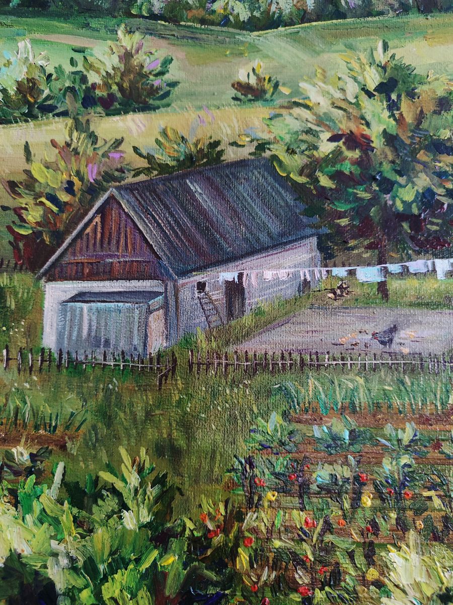 Oil painting of rustic barn in summer village by Oksana Sklym