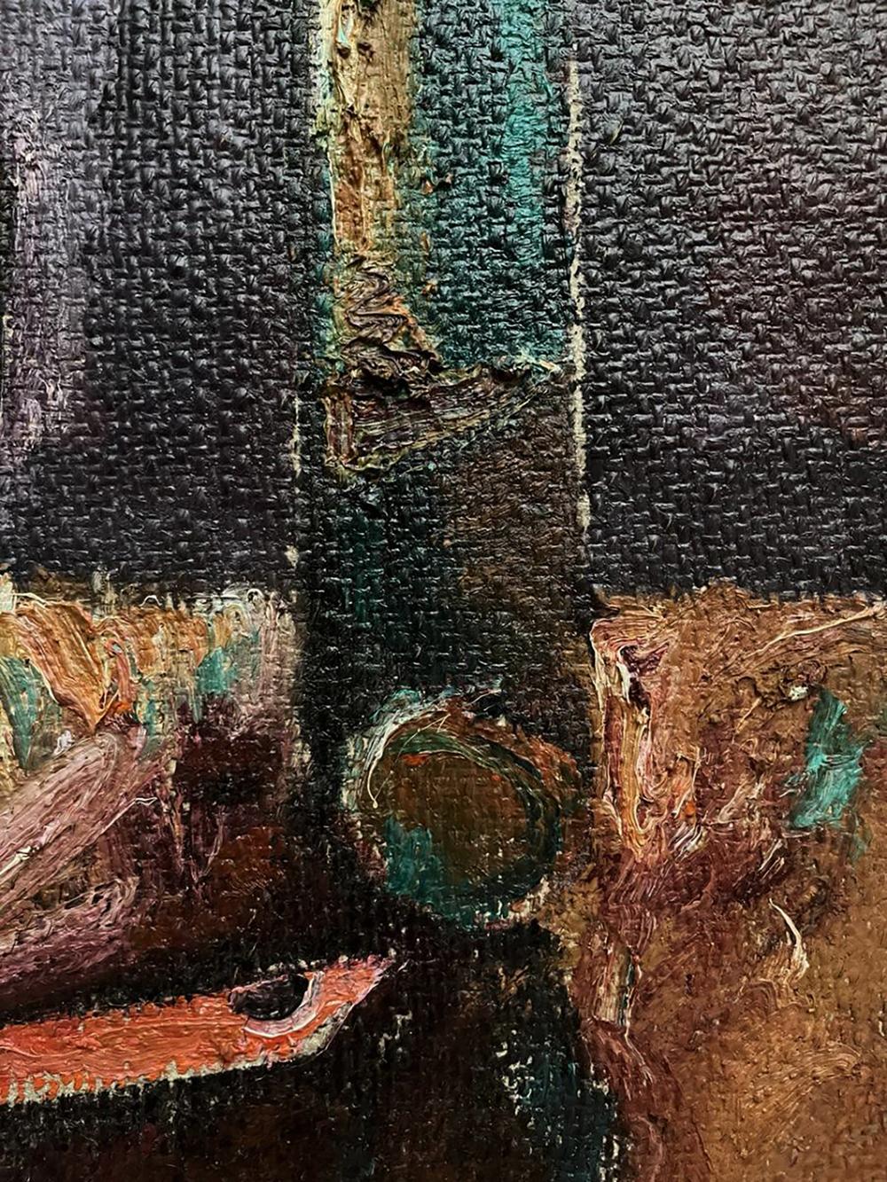 Oil painting Still life with a pipe by Oleksandr Andreev, textured impasto in dark tones with teal accents