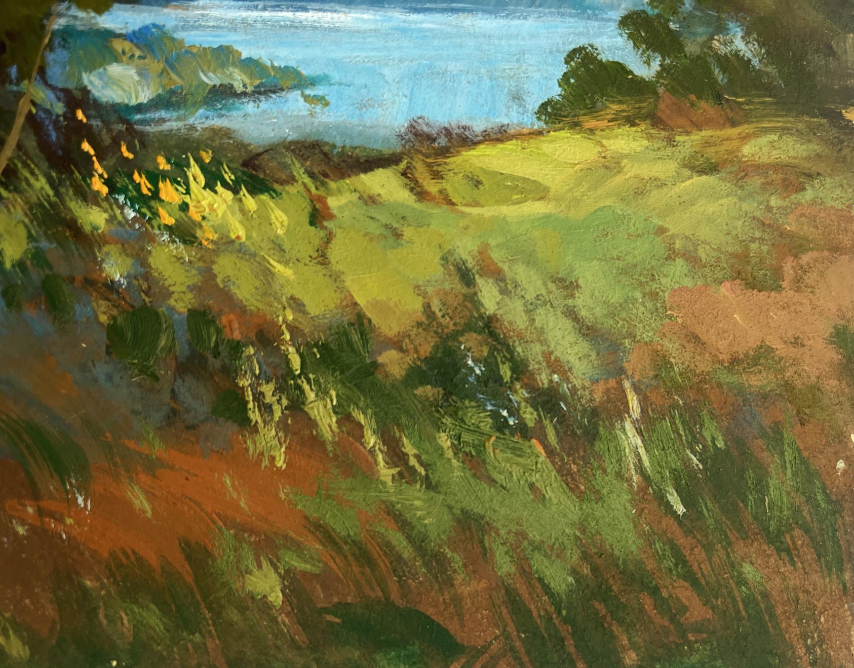 Vibrant impressionist oil painting by Yuriy Suprunchuk: flower field, hills, river
