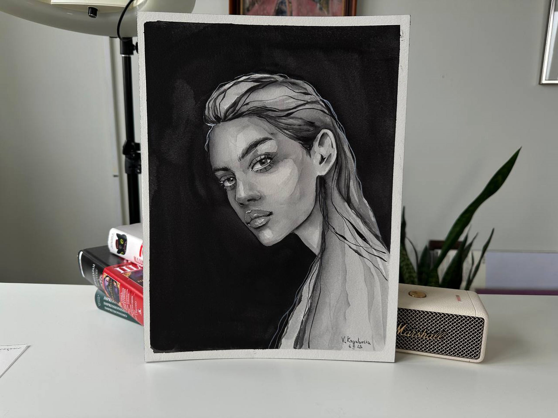Black-and-white watercolor portrait by Victoria Kagalovska, detailed shading
