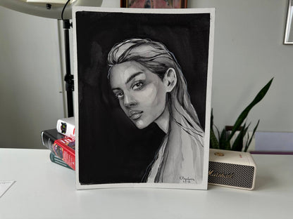 Black-and-white watercolor portrait by Victoria Kagalovska, detailed shading