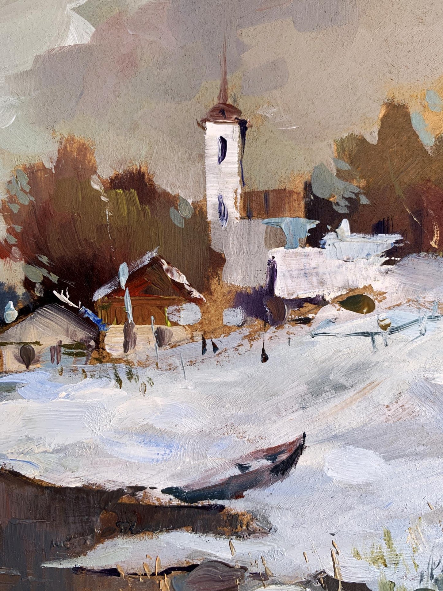 Oil painting of snow-covered village with white church tower by Yuriy Suprunchuk