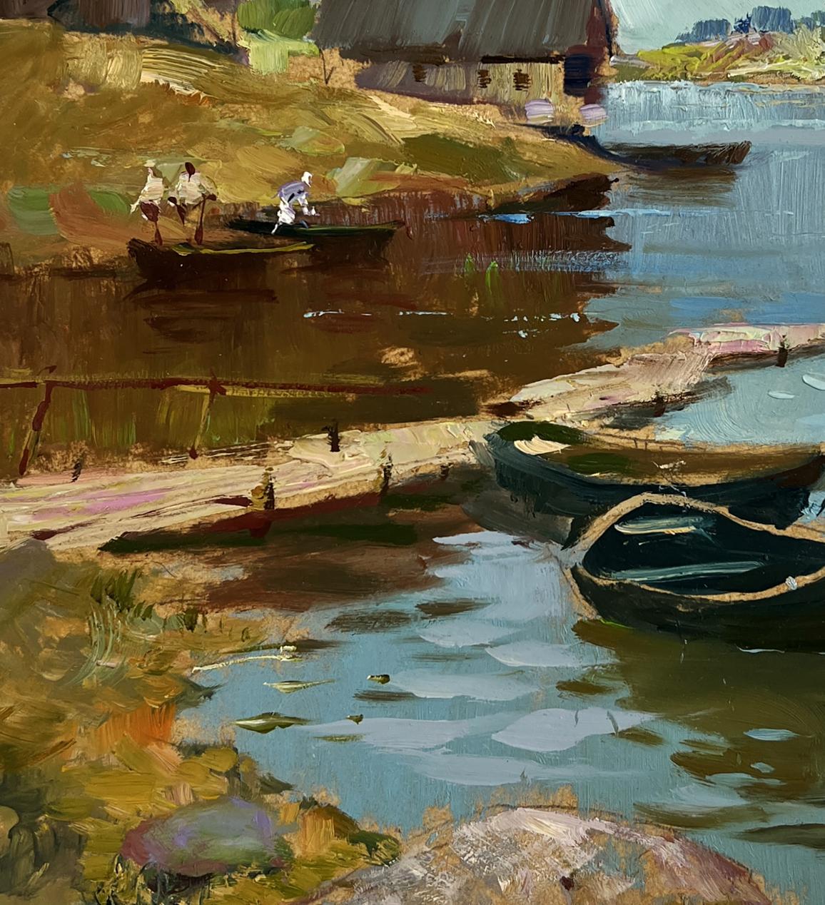 Oil painting of quiet village harbour with rustic dock and rowboats by Yuriy Suprunchuk