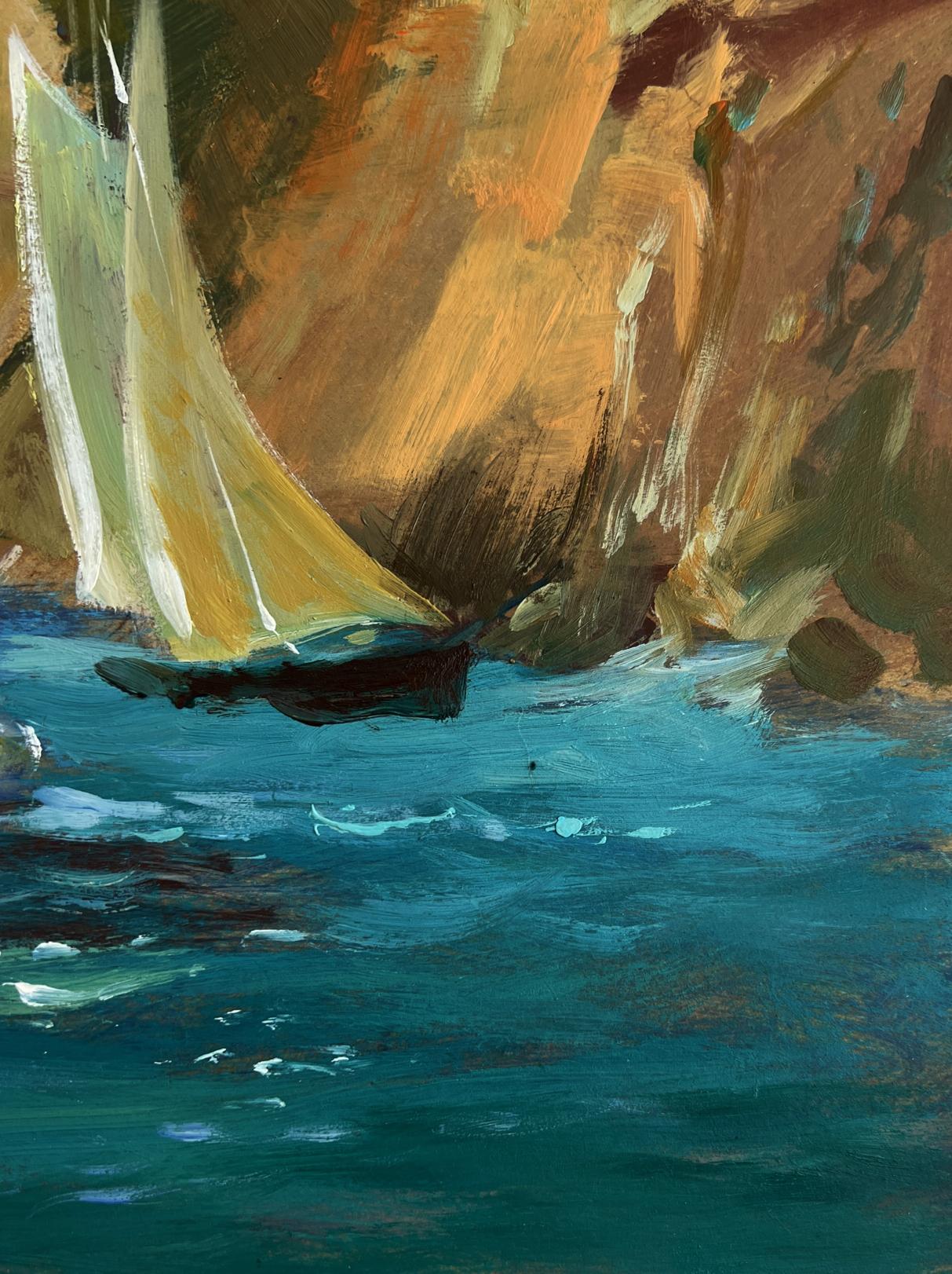Oil painting of sailboat with white yellow sails in turquoise waters by Yuriy Suprunchuk