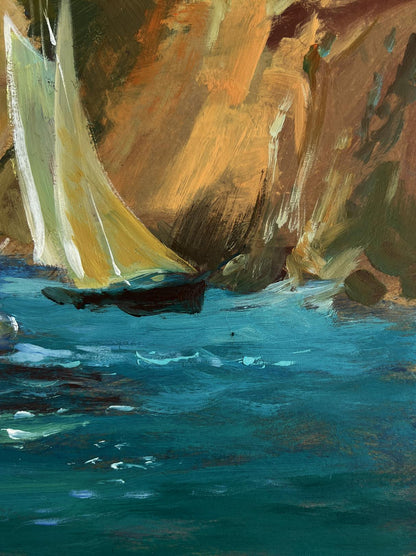 Oil painting of sailboat with white yellow sails in turquoise waters by Yuriy Suprunchuk