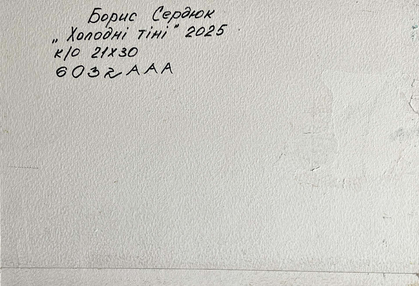 Back of Oil painting Cold autumn wind by Boris Serdyuk: white textured canvas with Ukrainian inscription