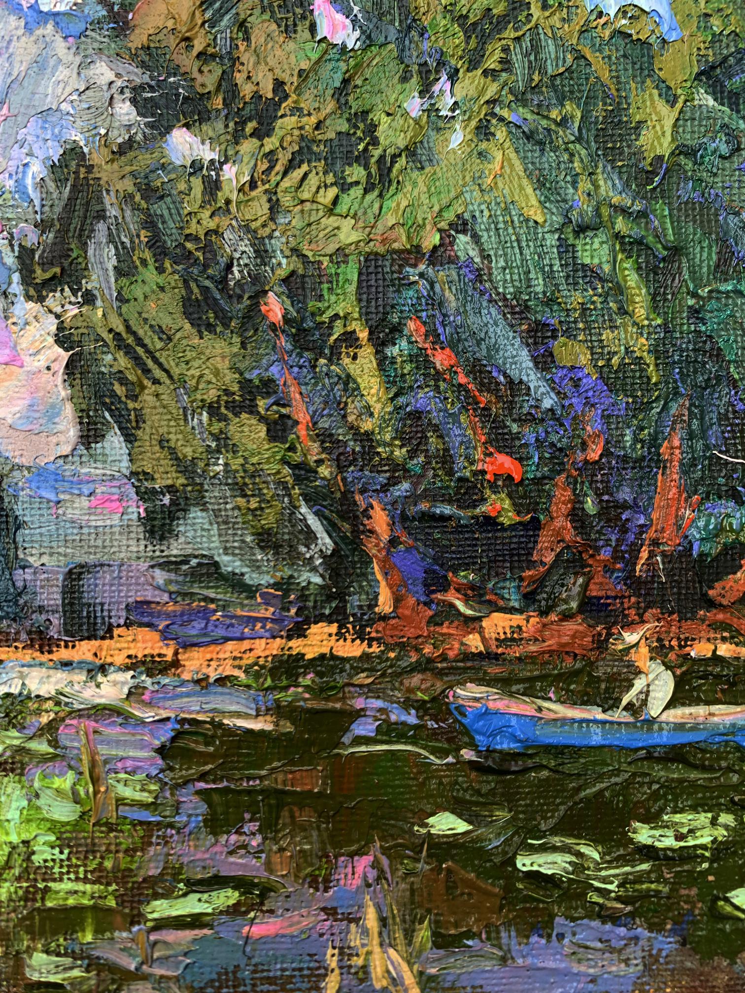 Vibrant impressionist oil painting of blue rowboat by Ivanyuk Oleksiy