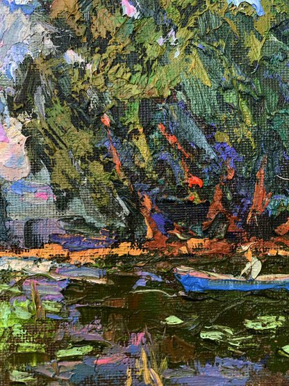 Vibrant impressionist oil painting of blue rowboat by Ivanyuk Oleksiy