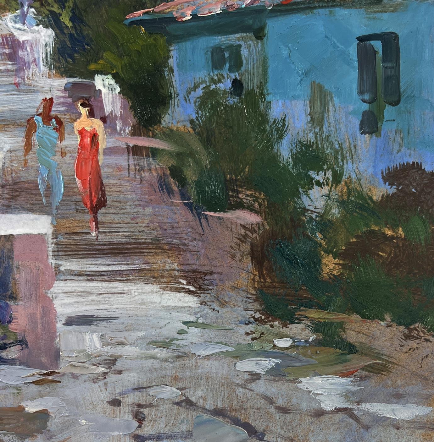 Vibrant impressionistic oil painting by Yuriy Suprunchuk of two figures on sunlit cobblestone path