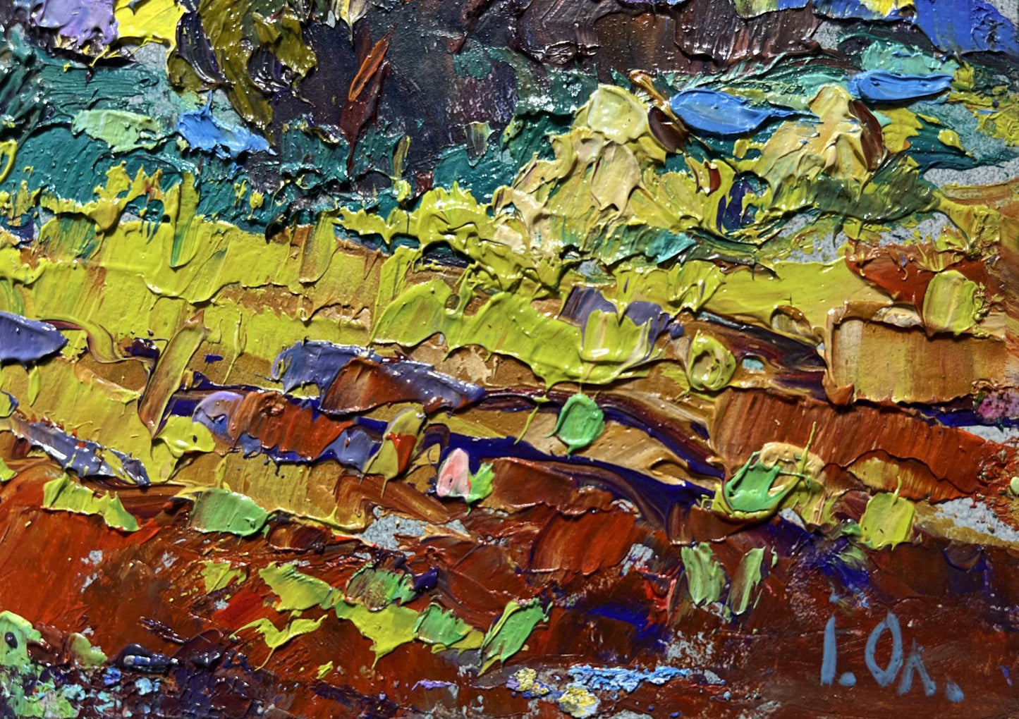 Vibrant impressionist oil painting of plowed field and haystacks by Oleksiy Ivanyuk