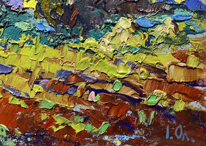 Vibrant impressionist oil painting of plowed field and haystacks by Oleksiy Ivanyuk
