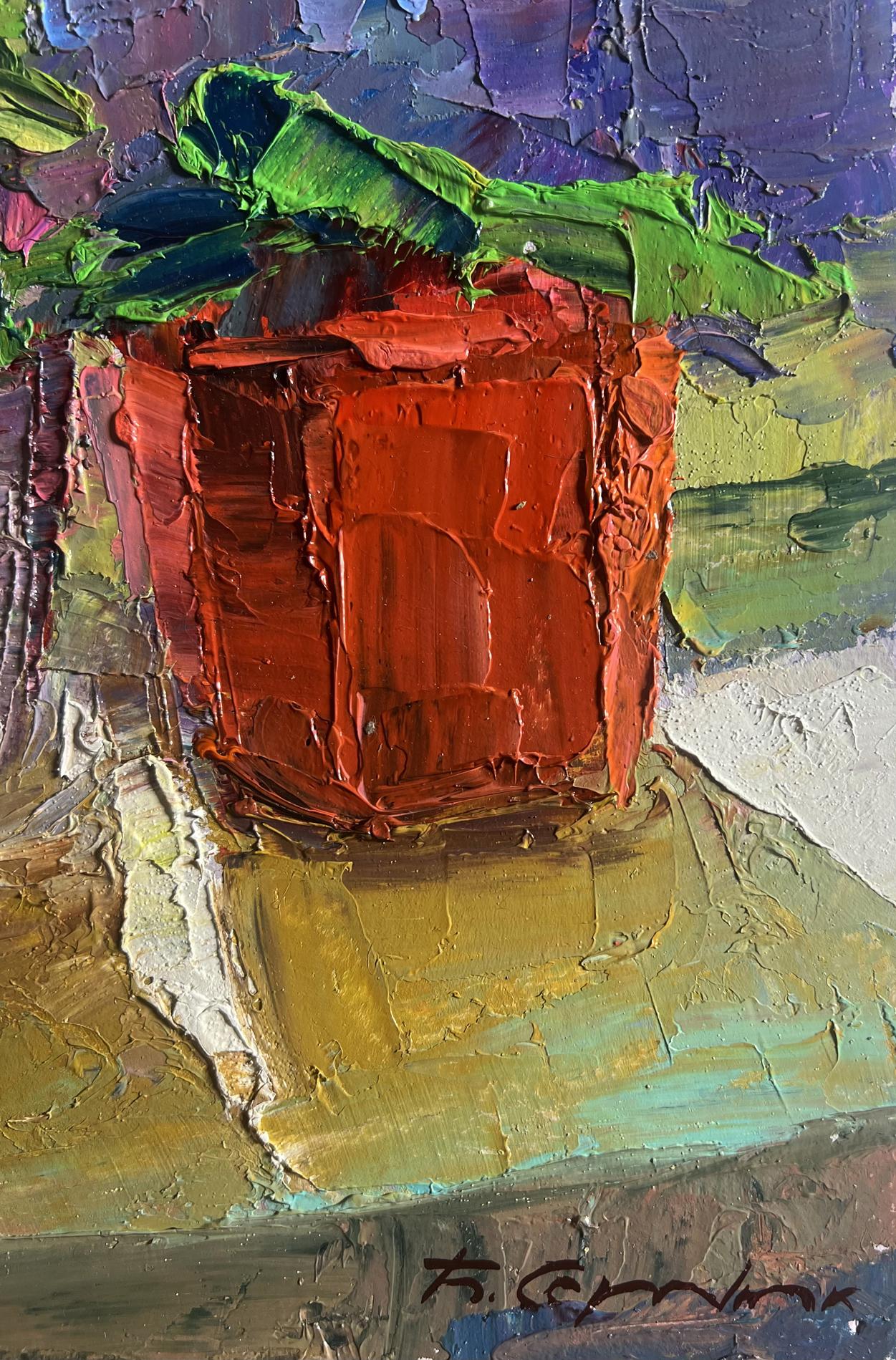 Oil painting Flowers on the windowsill Boris Serdyuk with red textured pot and green leaves