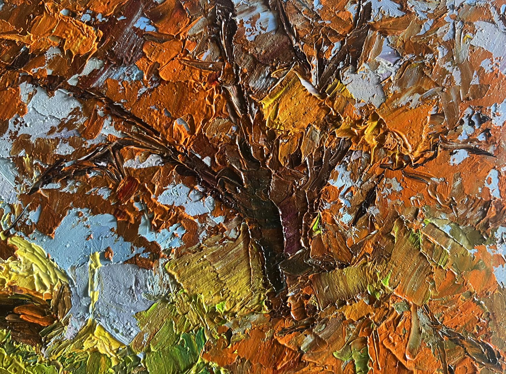 A textured, impressionistic painting of a tree with thick impasto brushstrokes in autumnal hues of orange, brown, and muted green against patches of blue.