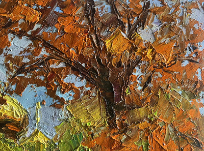 A textured, impressionistic painting of a tree with thick impasto brushstrokes in autumnal hues of orange, brown, and muted green against patches of blue.